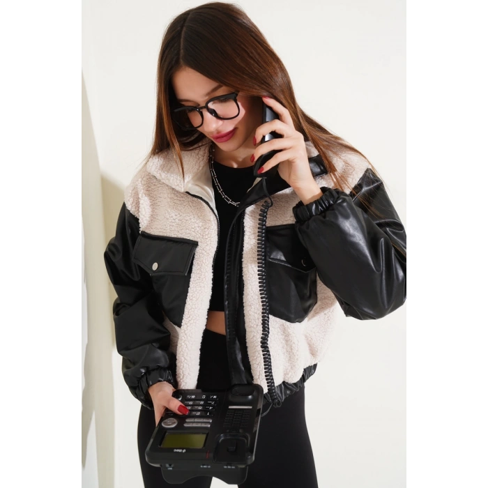 Deri garnili cepli peluş mont siyah t1253