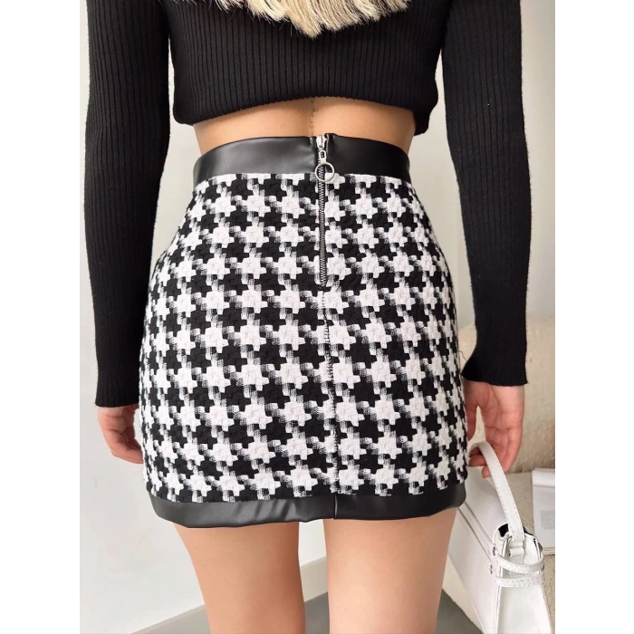 Deri garnili kaz ayağı kaşe etek siyah h24604