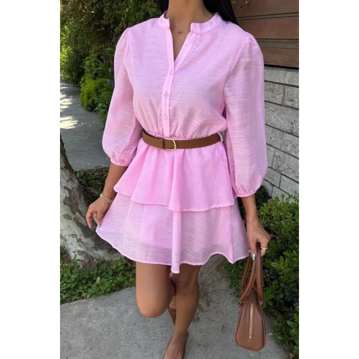 Deri Kemerli Fırfırlı Elbise 2901