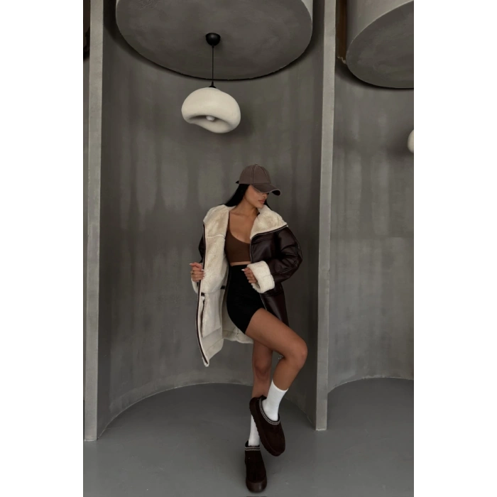 DERİ MONT KOL VE YAKA PELUŞ KAPAKSIZ CEP DETAYLI - Kahverengi