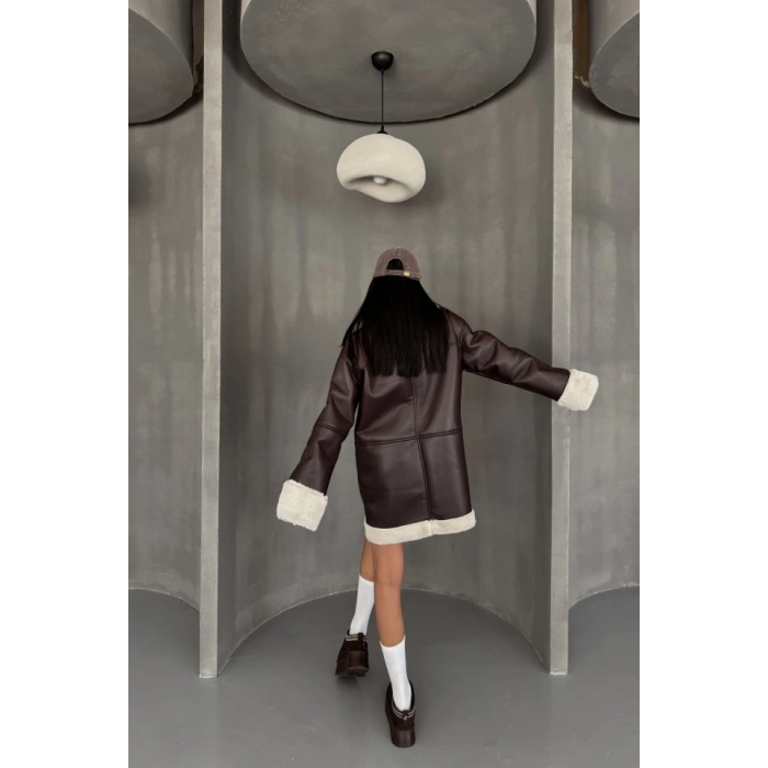 DERİ MONT KOL VE YAKA PELUŞ KAPAKSIZ CEP DETAYLI - Kahverengi