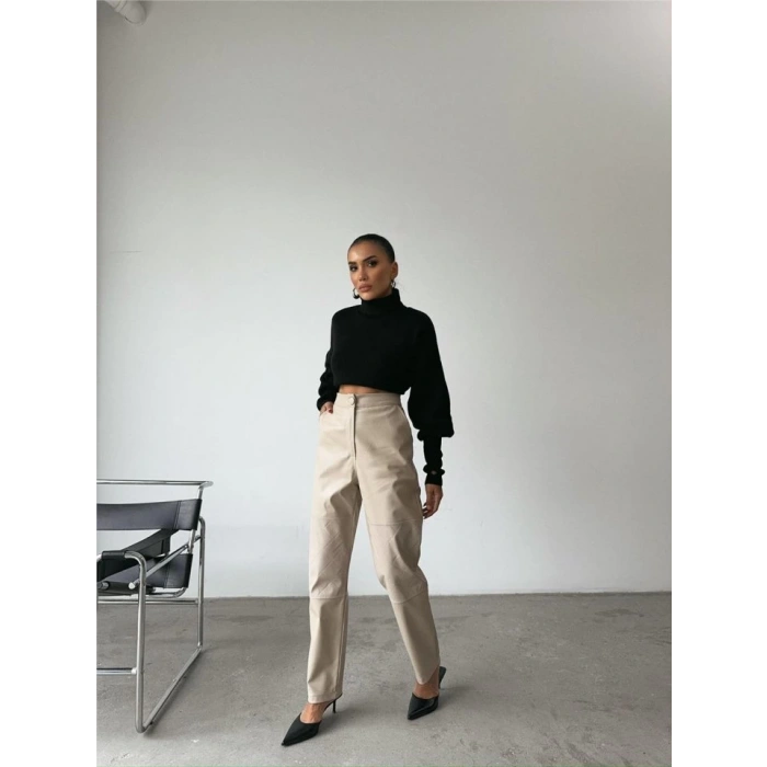 DERİ PANTOLON DİZ PARÇALI - Taş