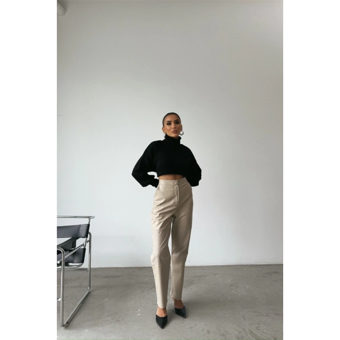 DERİ PANTOLON DİZ PARÇALI - Taş