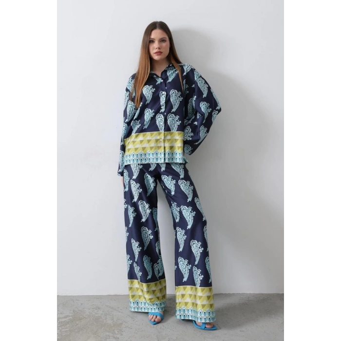 Desenli Saten Bol Takım - İndigo