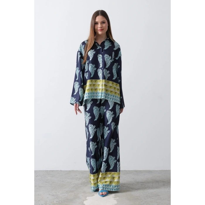 Desenli Saten Bol Takım - İndigo