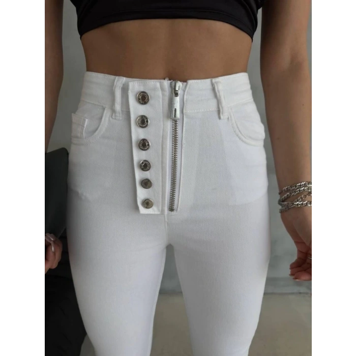 DÜĞME VE FERMUARLI KOT PANTOLON - Beyaz