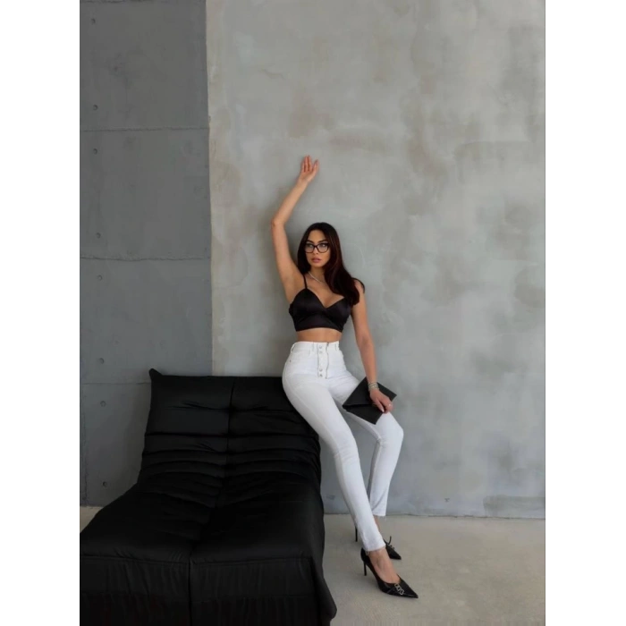 DÜĞME VE FERMUARLI KOT PANTOLON - Beyaz