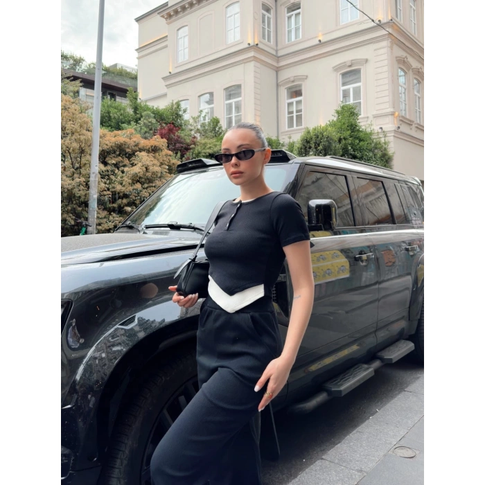 Düğme yakalı siyah alt üst takım s3943