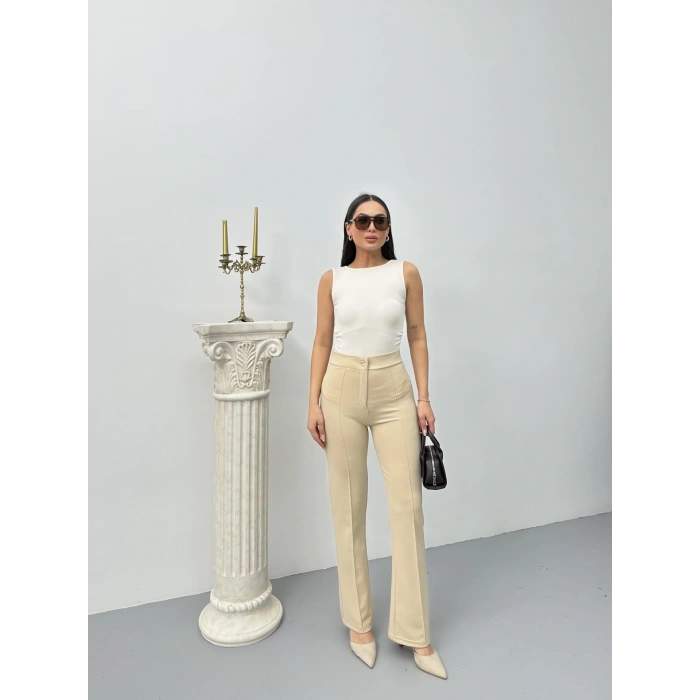 Düğmeli Palazzo pantolon bej p170091