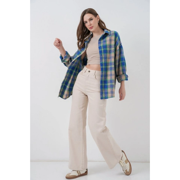 Ekose Desen Oversize Oduncu Gömlek 3854 Mavi Gri