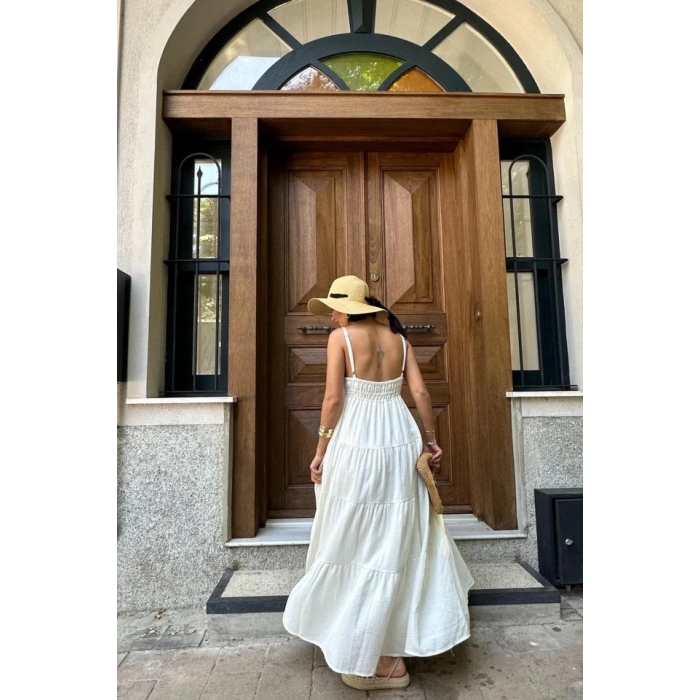 Ekru Askılı Parçalı Müslin Elbise