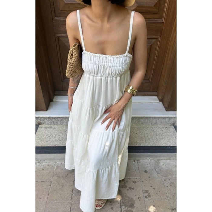 Ekru Askılı Parçalı Müslin Elbise