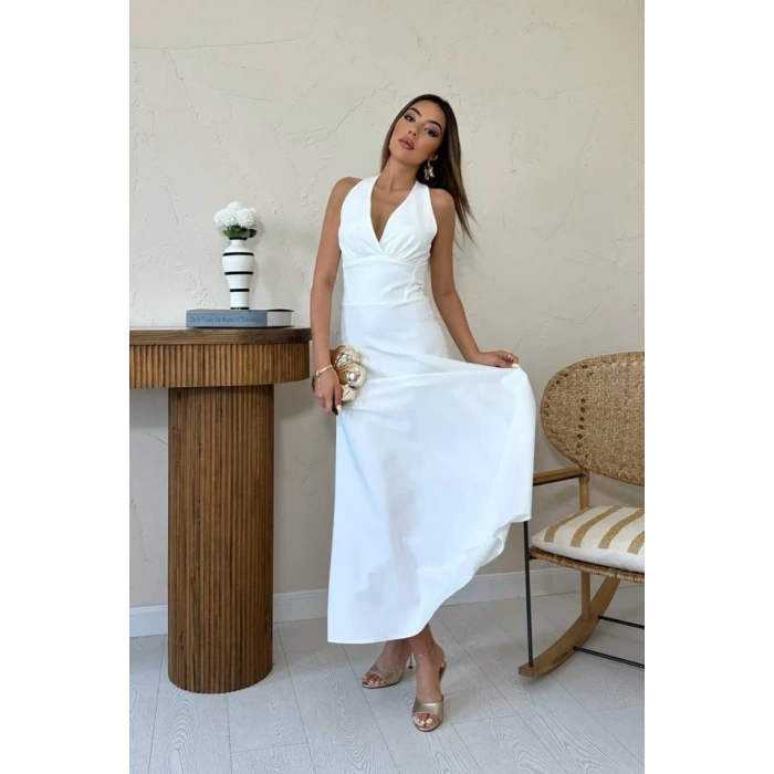 Ekru Atlas Göğüs Kuplu Elbise