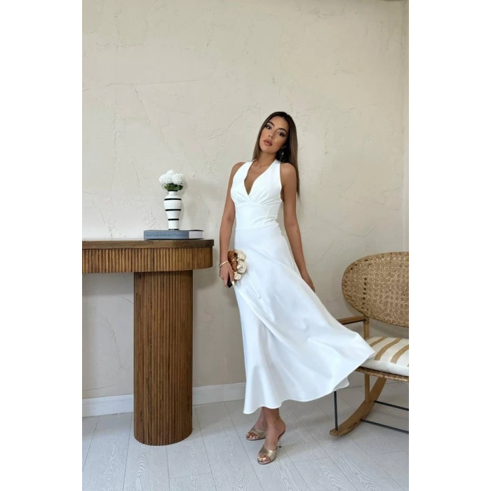 Ekru Atlas Göğüs Kuplu Elbise