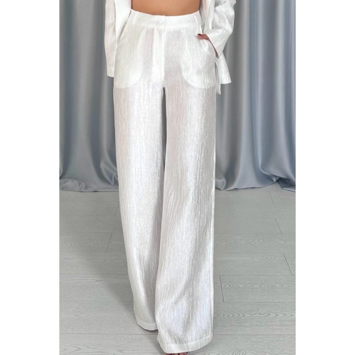 Ekru Beli Kuşaklı Ceket Ve Pantolon Parlak Takım