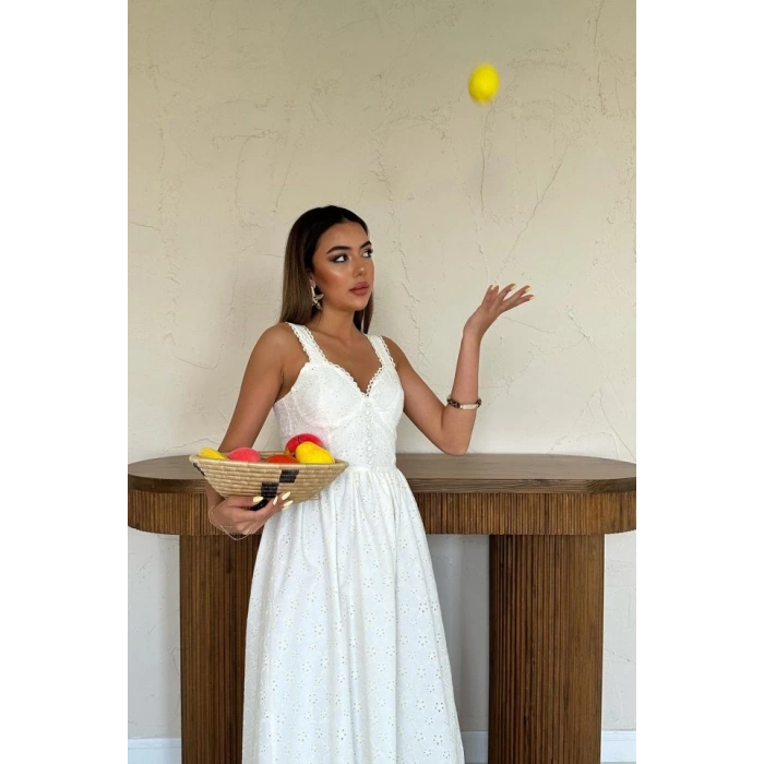 Ekru Dantel Detaylı Askılı Elbise