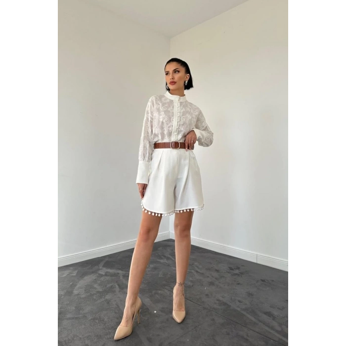 Ekru Dantelli Gömlek Ve Ponpolu Şort Takım