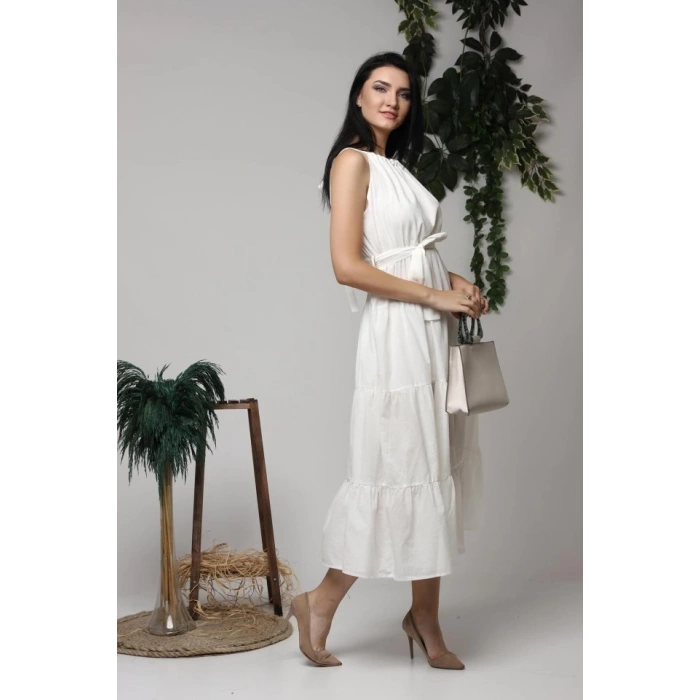 Ekru Halter Yakalı Kuşaklı Elbise
