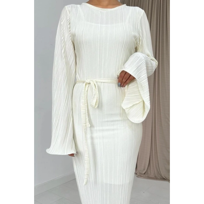 Ekru İspanyol Kol Piliseli Elbise