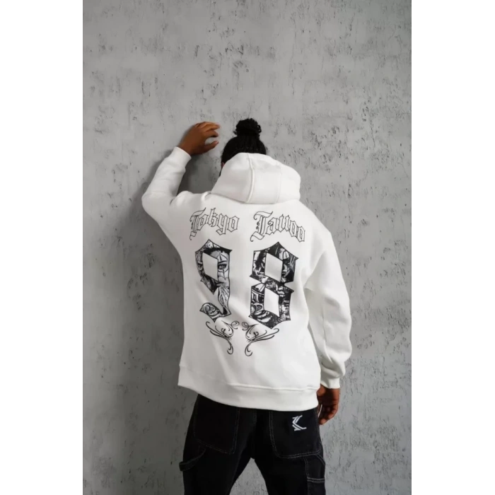 Erkek 98 Baskılı Kapşonlu Sweat - Beyaz