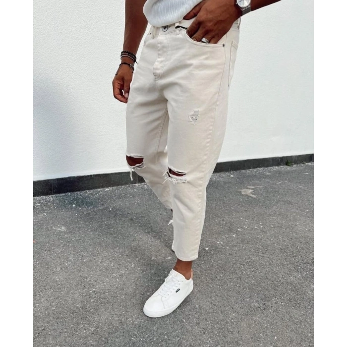 Erkek Açık Krem Yırtık Detaylı Boyfriend Jean