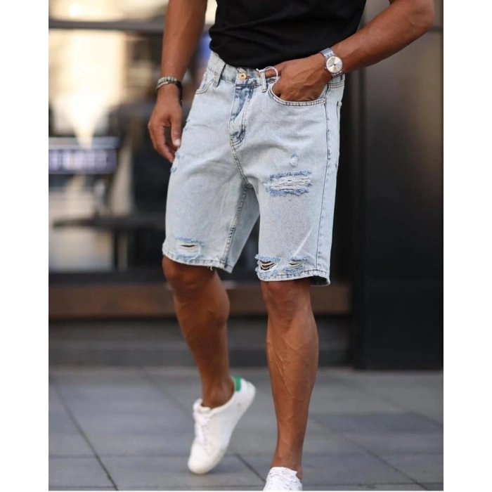 Erkek Açık Mavi Detaylı Kot Şort
