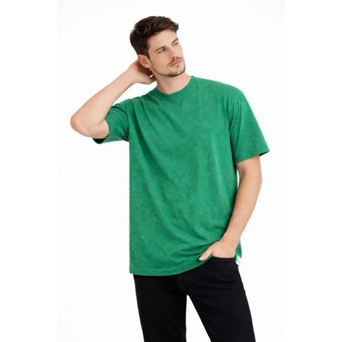 Erkek Asit Yıkama Bisiklet Yaka Kısa Kollu Oversize T-Shirt Tişört - Yeşil