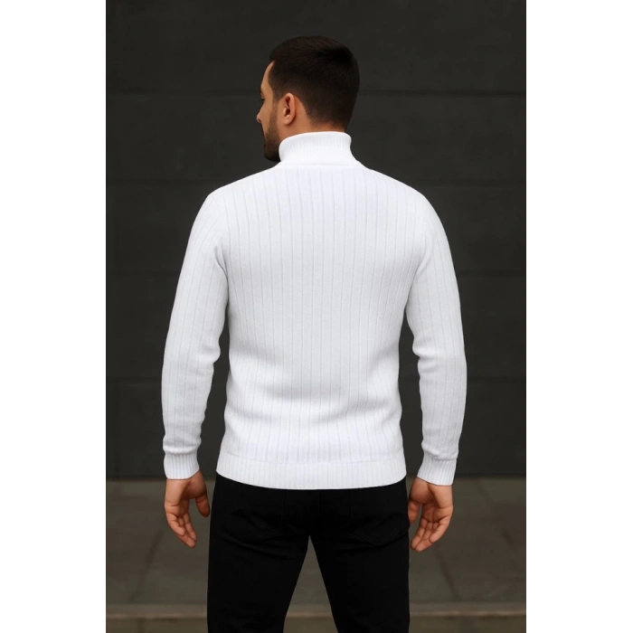 Erkek Balıkcı Yaka Bağazlı Triko Kazak Pamuklu Kalın Fitilli Dokuma, Regular Fit Uzun Kollu Kışlık Model - Beyaz