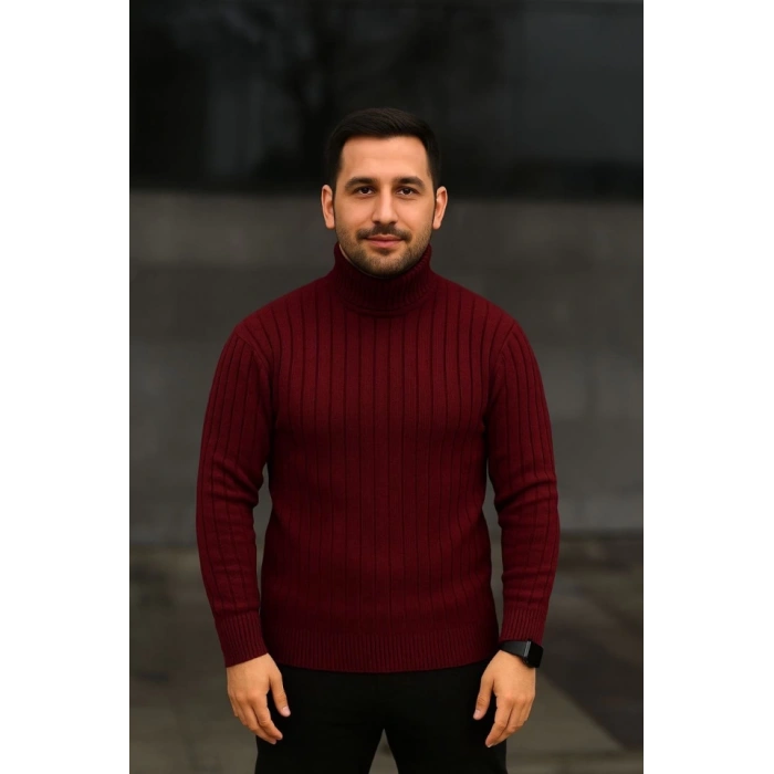 Erkek Balıkcı Yaka Bağazlı Triko Kazak Pamuklu Kalın Fitilli Dokuma, Regular Fit Uzun Kollu Kışlık Model - Bordo