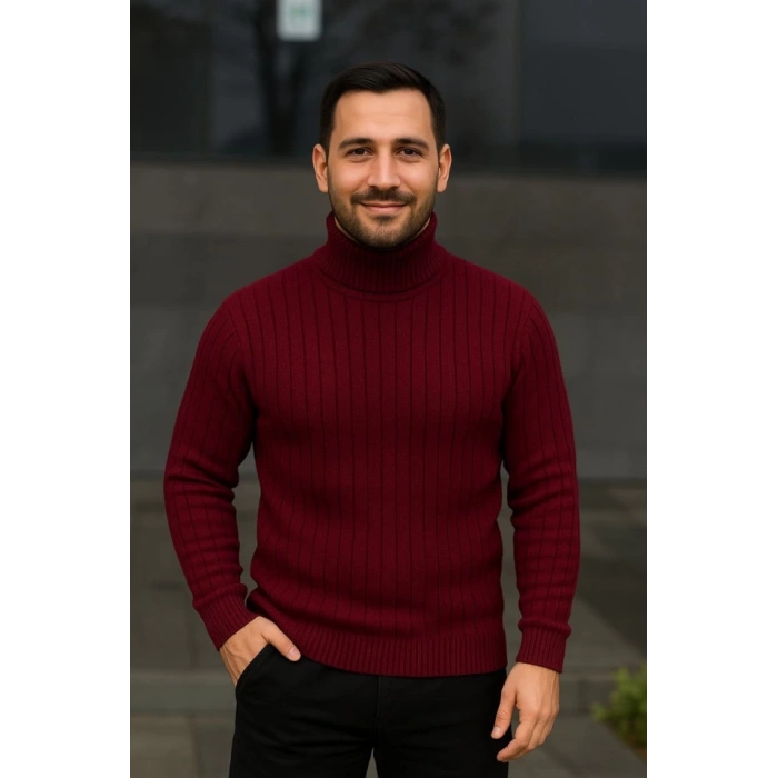 Erkek Balıkcı Yaka Bağazlı Triko Kazak Pamuklu Kalın Fitilli Dokuma, Regular Fit Uzun Kollu Kışlık Model - Bordo