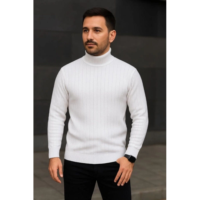 Erkek Balıkcı Yaka Bağazlı Triko Kazak Pamuklu Kalın Fitilli Dokuma, Regular Fit Uzun Kollu Kışlık Model - Beyaz