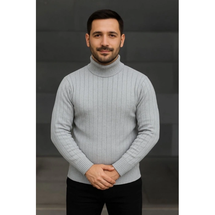 Erkek Balıkcı Yaka Bağazlı Triko Kazak Pamuklu Kalın Fitilli Dokuma, Regular Fit Uzun Kollu Kışlık Model - Gri