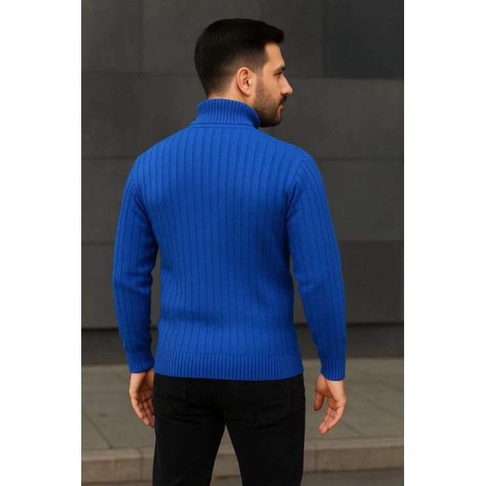 Erkek Balıkcı Yaka Bağazlı Triko Kazak Pamuklu Kalın Fitilli Dokuma, Regular Fit Uzun Kollu Kışlık Model - Saks Mavisi