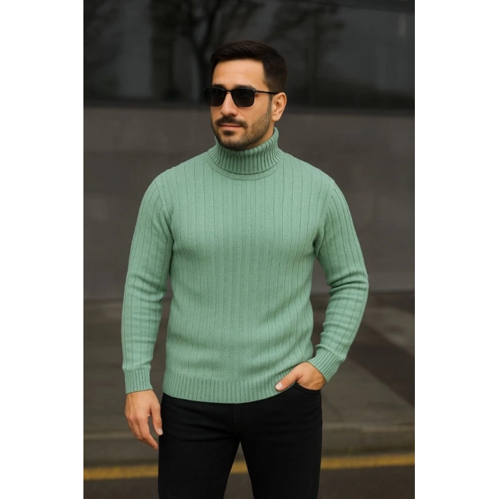 Erkek Balıkcı Yaka Bağazlı Triko Kazak Pamuklu Kalın Fitilli Dokuma, Regular Fit Uzun Kollu Kışlık Model - Mint Yeşili