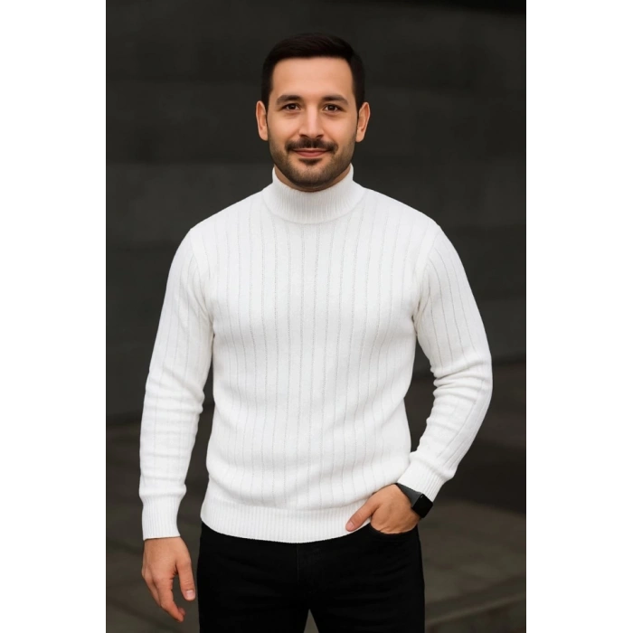 Erkek Balıkcı Yaka Bağazlı Triko Kazak Pamuklu Kalın Fitilli Dokuma, Regular Fit Uzun Kollu Kışlık Model - Beyaz