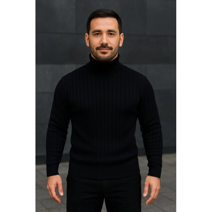 Erkek Balıkcı Yaka Bağazlı Triko Kazak Pamuklu Kalın Fitilli Dokuma, Regular Fit Uzun Kollu Kışlık Model - Siyah