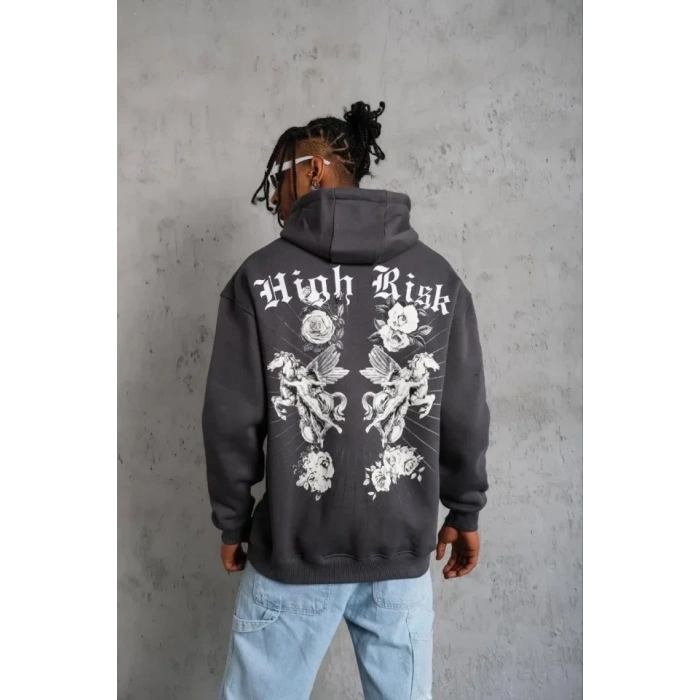 Erkek Baskılı Kapşonlu Sweat - Füme