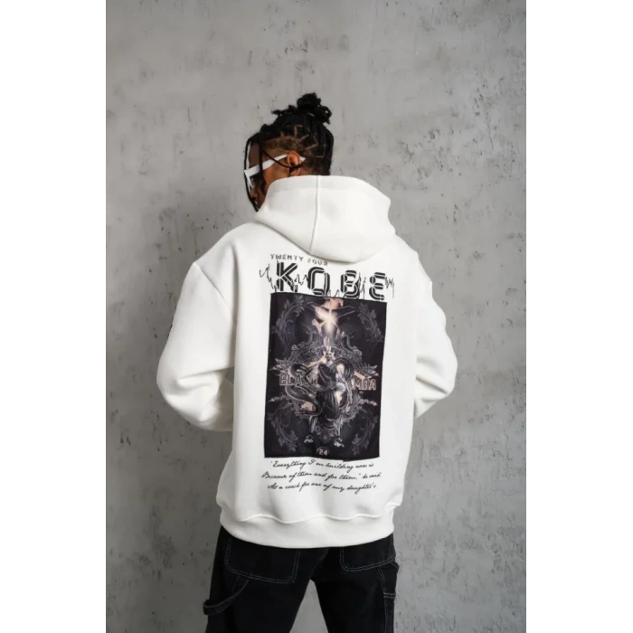 Erkek Baskılı Kapüşonlu Sweat - Beyaz