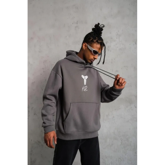 Erkek Baskılı Kapüşonlu Sweat - Gri