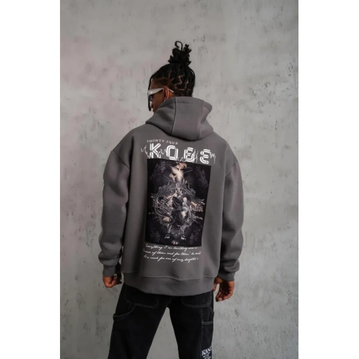 Erkek Baskılı Kapüşonlu Sweat - Gri