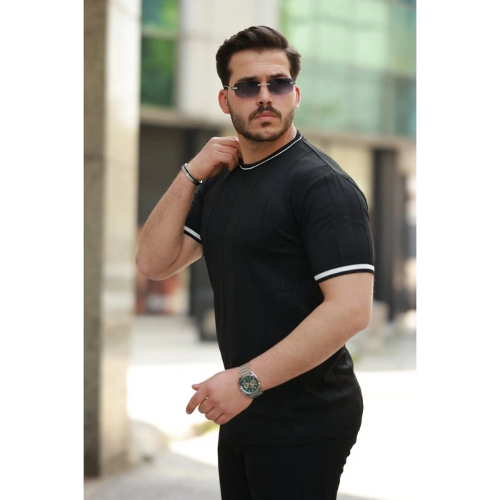 Erkek Bisiklet Yaka çizgi Desenli Ribanalı Kısa Kollu Tshirt