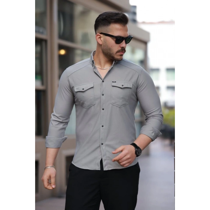 Erkek çift Cepli çıtçıt Düğmeli Uzun Kollu Gömlek