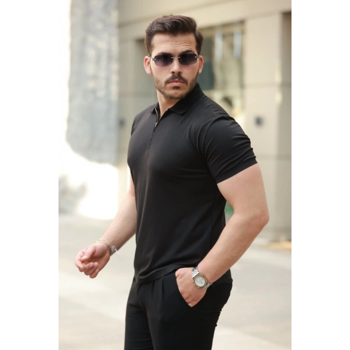 Erkek Deri Panel Detaylı Fermuar Yakalı Kısa Kollu Tişört