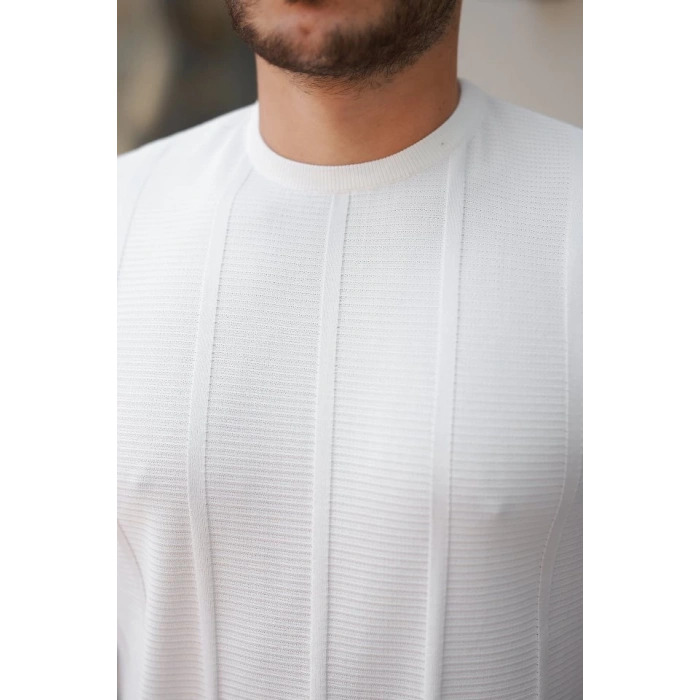 Erkek Desenli çizgi Kabartmalı Kısa Kollu Tişört