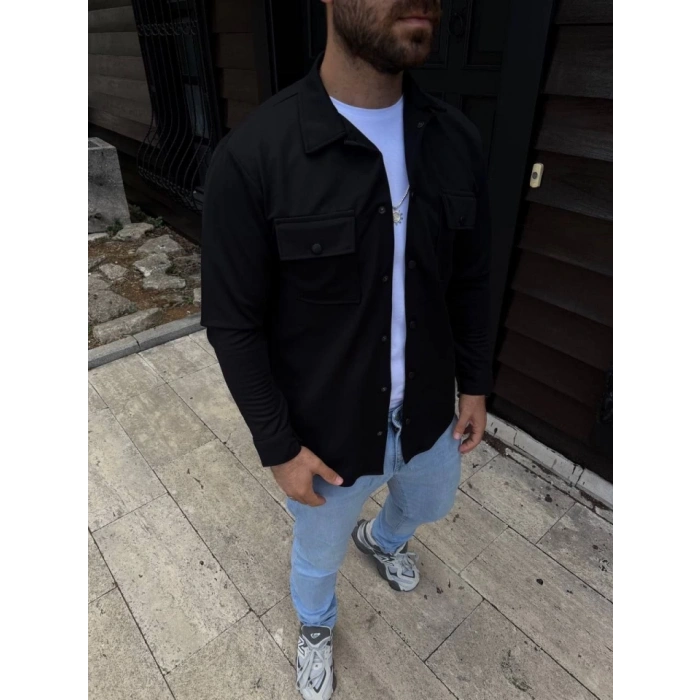 Erkek Diagonal Kumaş Cepli Çıtçıtlı Uzun Kollu, Gömlek Oversize Rahat Kalıp Günlük Şık Stil - Siyah