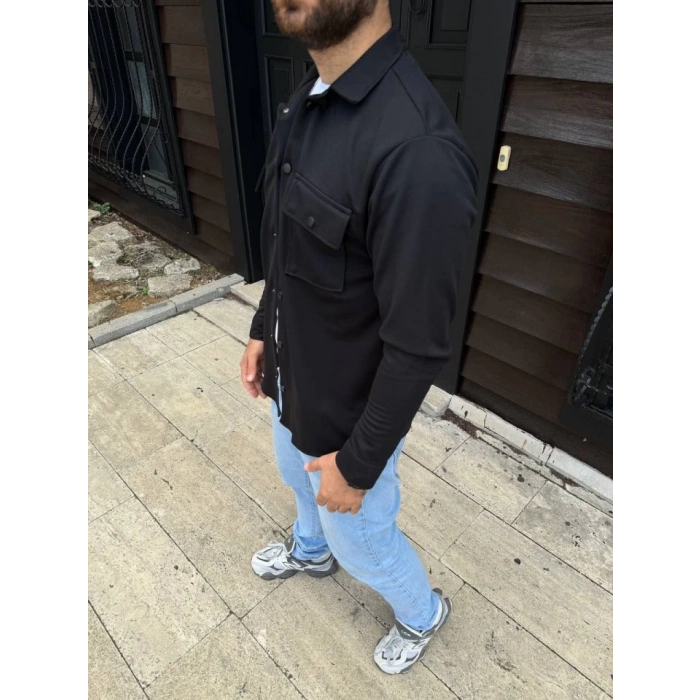 Erkek Diagonal Kumaş Cepli Çıtçıtlı Uzun Kollu, Gömlek Oversize Rahat Kalıp Günlük Şık Stil - Siyah