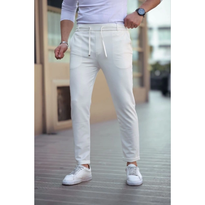 Erkek Diagonel Mikro Dokulu Cepli Beli Lastilki Pantolon - Beyaz