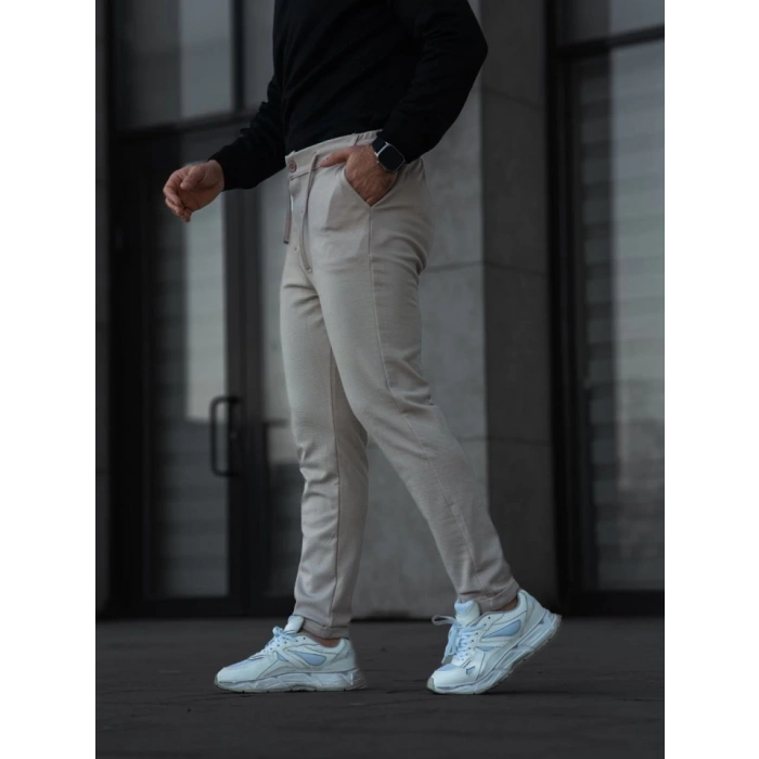 Erkek Diagonel Mikro Dokulu Cepli Pantolon - Bej