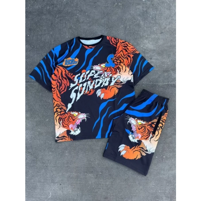 Erkek Dijital Baskılı Şortlu Takım - Mavi