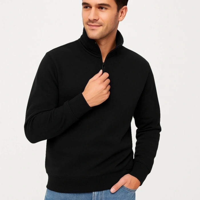 Erkek Dik Yaka Sweatshirt Dik Yaka Yarım Fermuarlı 3 İplik Şardonlu Pamuk Kumaş - Siyah